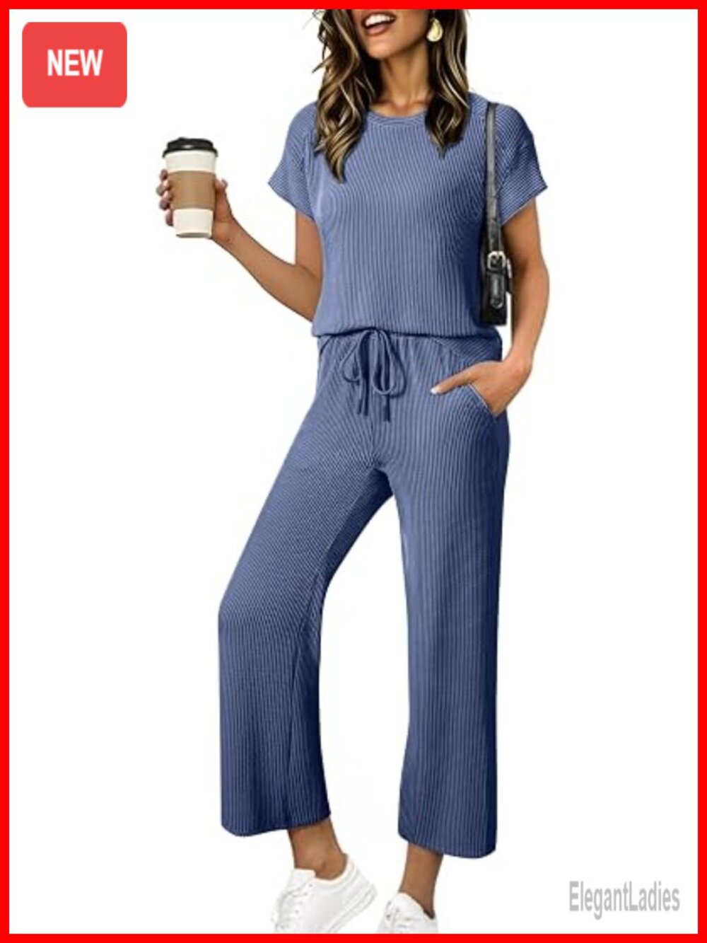 Ribbed Knit Two Piece Set - Airport Outfit - Wide Leg Pants